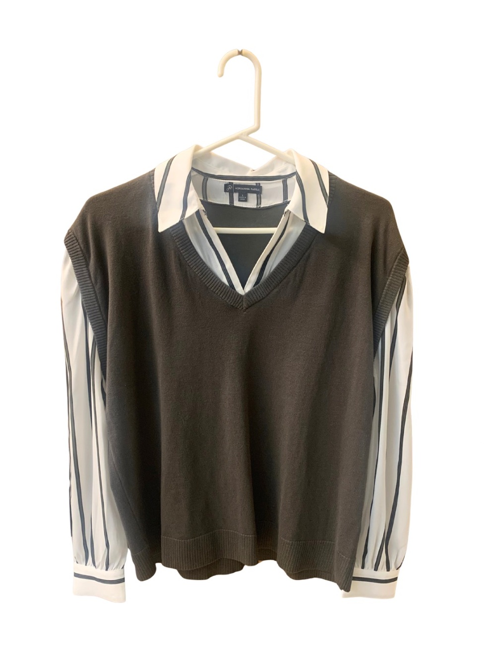 Adrianna Papell Olive Green White Striped Blouse Sweater Vest Twofer Feminine 90
